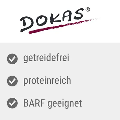 DOKAS. getreidefrei, proteinreich, BARF geeignet (besedilo v nemščini).