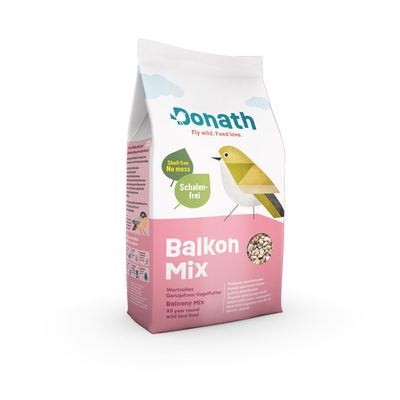 Donath Balkon Mix, mélange de graines pour oiseaux, texte visible : Shell-free No mess, Schalenfrei, Balcony MIX, All year round wild bird food. Illustration d’oiseau sur l’emballage.