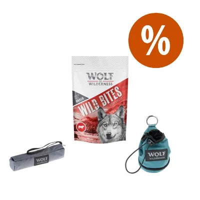 Set Wolf of Wilderness: snack Wild Bites, borsa porta-premi in tessuto e astuccio arrotolabile, simbolo percentuale per offerta.