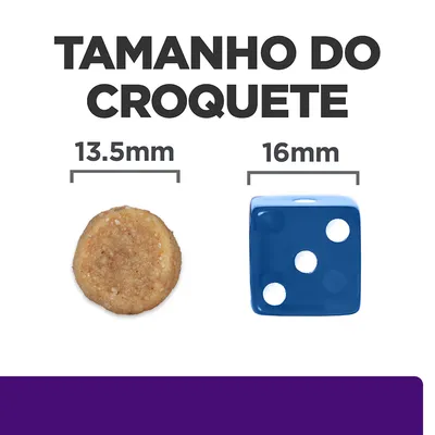 Tamanho do croquete: diâmetro de 13,5 mm ao lado de um dado azul com 16 mm para comparação visual.