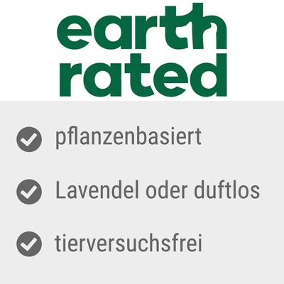 Earth Rated. Pflanzenbasiert, Lavendel oder duftlos, tierversuchsfrei.