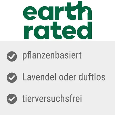 Earth Rated. Pflanzenbasiert, Lavendel oder duftlos, tierversuchsfrei.