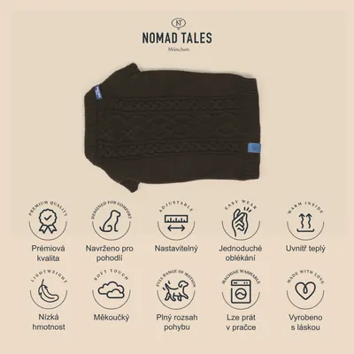 Černý svetr pro psy Nomad Tales München, viditelné vlastnosti: prémiová kvalita, navrženo pro pohodlí, nastavitelný, jednoduché oblékání, uvnitř teplý, nízká hmotnost, měkoučký, lze prát v pračce.