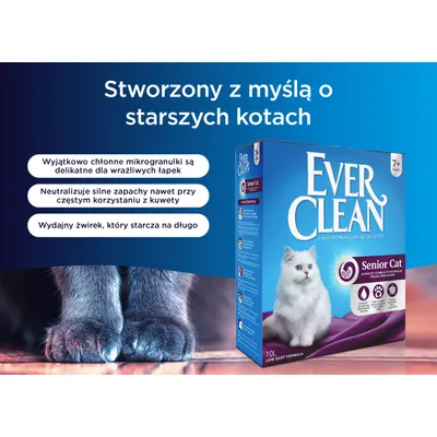 Ever Clean Senior Cat żwirek dla kotów, opracowany z myślą o starszych kotach. Szczególnie chłonne mikrogranulki, neutralizuje silne zapachy, wydajny i delikatny dla wrażliwych łapek. Ever Clean Senior Cat żwirek dla kotów, opracowany z myślą o starszych kotach. Szczególnie chłonne mikrogranulki, neutralizuje silne zapachy, wydajny i delikatny dla wrażliwych łapek.