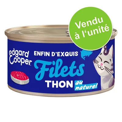 edgard cooper Enfin d’exquis Filets Thon au naturel, vendu à l’unité, texte visible sur la boîte de conserve pour chat