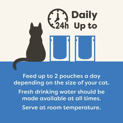Feeding recommendation: Up to 2 pouches daily depending on the size of the cat, always provide fresh drinking water, serve at room temperature.