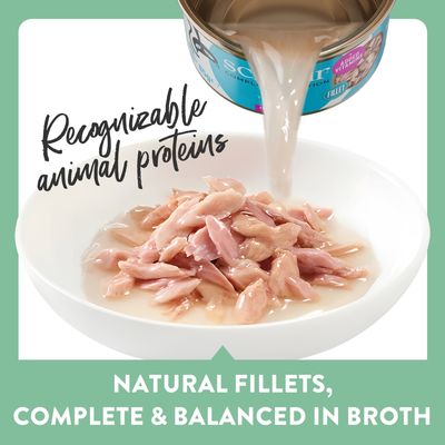 Schesir Complete Nutrition για ενήλικες γάτες. Τόνος σε ζωμό, 6x50g Mini Meal, 100% φυσικά φιλέτα, με επιπλέον βιταμίνες.