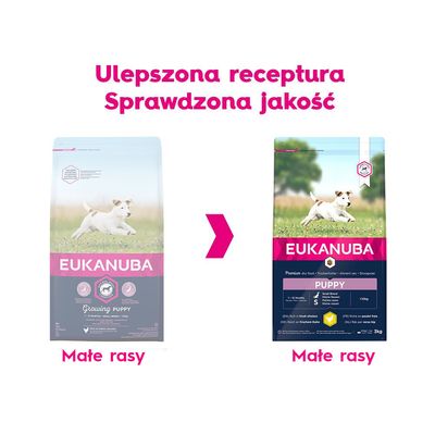 Porównanie starego i nowego opakowania karmy Eukanuba Puppy dla małych ras. Napis: Ulepszona receptura, Sprawdzona jakość. Widoczny tekst: Małe rasy.