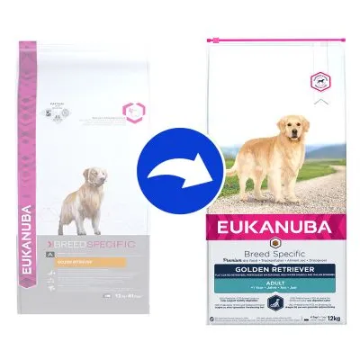 Förpackningsändring av Eukanuba Breed Specific Golden Retriever Adult 12 kg, visar gammal och ny design sida vid sida med blå pil emellan.