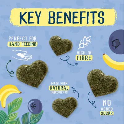 Key benefits: perfect for hand feeding, high in fibre, made with natural ingredients, no added sugar. Image shows heart-shaped treats and ingredient illustrations.