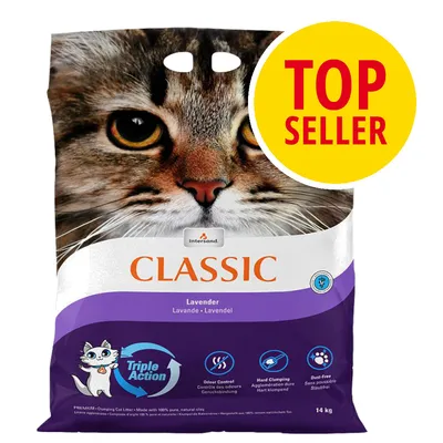 Intersand Classic Lavender kattsand 14 kg, texten 'TOP SELLER' i gul cirkel, Triple Action-symbol och ikoner för lukt- och dammkontroll samt hård klumpbildning synliga på förpackningen.