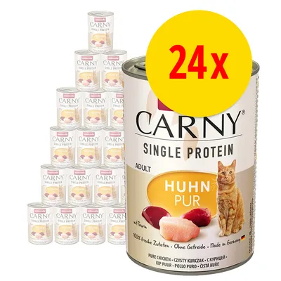 24-pack Animonda Carny Single Protein Adult kattmat, Huhn Pur. Synlig text: 100 % frische Zutaten, Ohne Getreide, Made in Germany. Bild på burk och katt. 24-pack Animonda Carny Single Protein Adult kattmat, Huhn Pur. Synlig text: 100 % frische Zutaten, Ohne Getreide, Made in Germany. Bild på burk och katt.