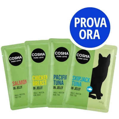 Cosma Pure Love bustine: Salmon in Jelly, Chicken Breast in Jelly, Pacific Tuna in Jelly, Skipjack Tuna in Jelly. Testo cerchio blu: PROVA ORA.
