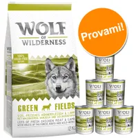 Set prova misto! Wolf of Wilderness Adult secco + umido - Set 1: 12 kg secco + 6 x 400 g umido Agnello