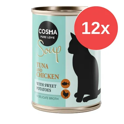 Cosma Pure Love Soup, TUNA AND CHICKEN with sweet potatoes, confezione da 12x. Testo in inglese sull'etichetta della lattina.