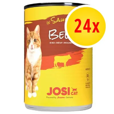 Confezione da 24x JosiCat bocconcini in salsa con manzo per gatti adulti, immagine di gatto e sagoma di mucca sulla lattina, testo visibile: Rind, Bœuf, Wołowina.