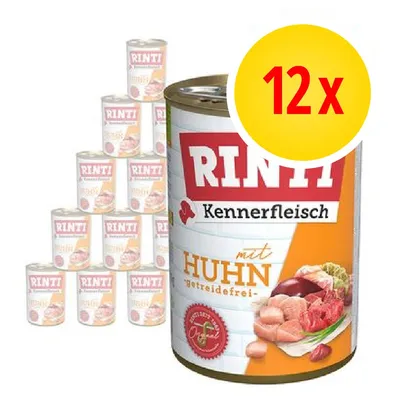 12 lattine di Rinti Kennerfleisch mit Huhn, getreidefrei. Immagine della confezione con carne e ingredienti visibili sull'etichetta.
