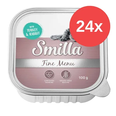 Smilla Fine Menu con tacchino e coniglio, confezione da 24x100g. Contiene taurina, ricetta senza cereali. Testo in inglese: 'Contains Taurine', 'Grain-Free Recipe'.