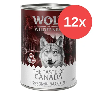 Wolf of Wilderness The Taste of Canada, 12x400g, ricetta senza cereali, con manzo fresco, merluzzo, tacchino e mirtilli rossi. Testo visibile: 100% grain-free recipe.