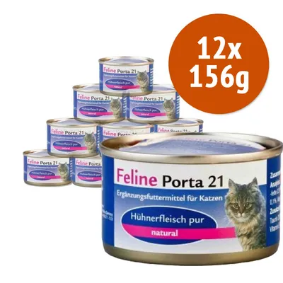 12 lattine da 156 g di Feline Porta 21, alimento complementare per gatti, visibile testo: Hühnerfleisch pur natural. Immagine di gatto sulla confezione.