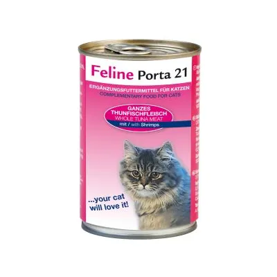 Feline Porta 21, alimento complementare per gatti, carne intera di tonno con gamberetti. Testo visibile: 'your cat will love it!'. Immagine di un gatto sul fronte della lattina.