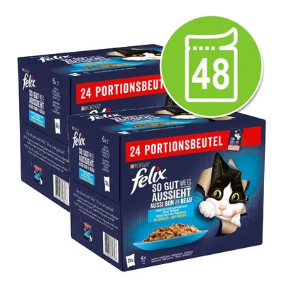 Két doboz Purina Felix So gut wie es aussieht macskaeledel, 24 adag tasakos csomagolásban, összesen 48 adag. A dobozon fekete-fehér macska képe látható.
