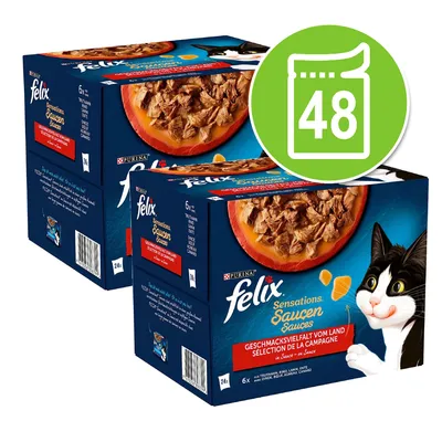 Purina felix Sensations Sauces macskaeledel, 2 doboz, összesen 48 tasak. Csomagoláson fekete-fehér macska és tál étel látható. Purina felix Sensations Sauces macskaeledel, 2 doboz, összesen 48 tasak. Csomagoláson fekete-fehér macska és tál étel látható.