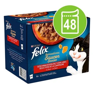 Кутия Felix Sensations Sauces с илюстрация на котка, снимка на хапки в сос и надпис 48 върху зелен кръг. Видими са Purina и текстове на немски и френски език.