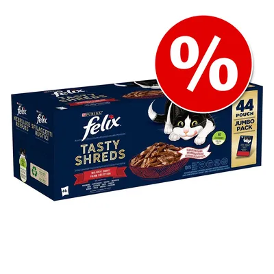 Purina Felix Tasty Shreds Farm Selection macskaeledel, 44 tasakos jumbo pack, nagy piros százalékjel akciós jelöléssel a dobozon Purina Felix Tasty Shreds Farm Selection macskaeledel, 44 tasakos jumbo pack, nagy piros százalékjel akciós jelöléssel a dobozon
