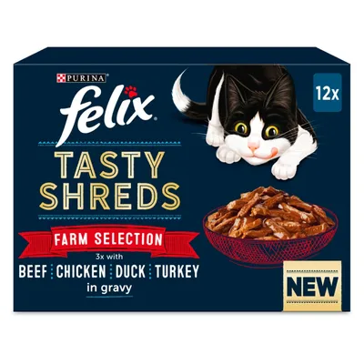 Tasty Shreds Farm Selection, 12 pack with beef, chicken, duck and turkey in gravy. Includes new label and serving suggestion.