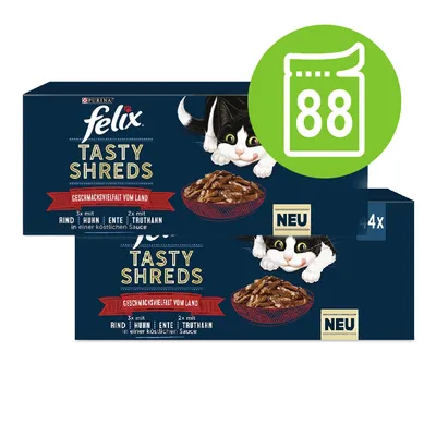Purina Felix Tasty Shreds, Geschmacksvielfalt vom Land, 3x mit Rind Huhn Ente, 2x mit Truthahn, NEU, confezione da 4x. Simbolo verde con numero 88.