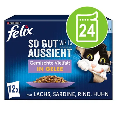 Purina felix So gut wie es aussieht Gemischte Vielfalt in Gelee, 12x z lososom, sardinami, govedino, piščancem. Zelena značka s številko 24.