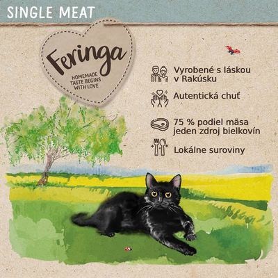 Feringa. HOMEMADE TASTE BEGINS WITH LOVE. Vyrobené s láskou v Rakúsku, autentická chuť, 75 % podiel mäsa jeden zdroj bielkovín, lokálne suroviny.