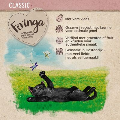 Feringa Classic. Met vers vlees, graanvrij recept met taurine, verfijnd met groenten of fruit en kruiden, gemaakt in Oostenrijk met veel liefde. Homemade taste begins with love.