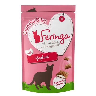 Feringa Crunchy Bites with Yoghurt, Mit viel Liebe wie hausgemacht!, Deliciously creamy, 30 g. Kattegodbidder med yoghurtfyld vist på posen.