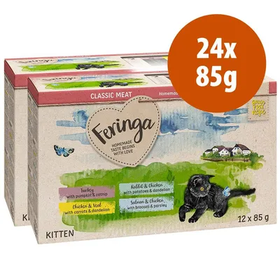 Feringa Classic Meat Kitten, confezione da 24 x 85 g. Gusti visibili: tacchino con zucca e catnip, pollo e vitello con carote e tarassaco, coniglio e pollo, salmone e pollo.