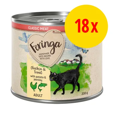 Pack of 18 tins, chicken and trout with potato and parsley, adult recipe, 200g each. Label shows black cat illustration and product details.
