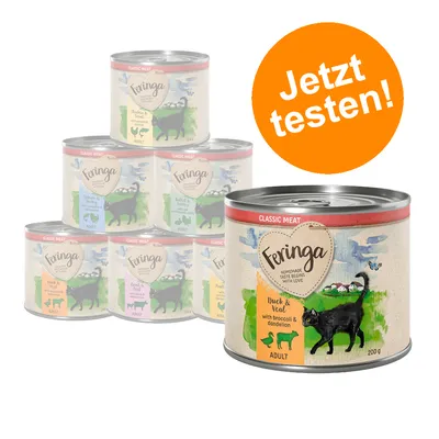 Lot de boîtes Feringa Classic Meat pour chat adulte, 200 g. Texte visible sur l’emballage : Duck & Veal with broccoli & dandelion. Pastille orange : Jetzt testen! (allemand). Lot de boîtes Feringa Classic Meat pour chat adulte, 200 g. Texte visible sur l’emballage : Duck & Veal with broccoli & dandelion. Pastille orange : Jetzt testen! (allemand).