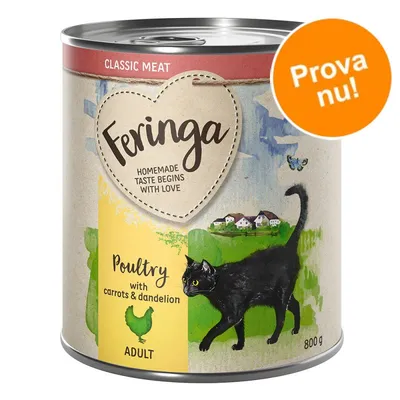 Feringa Classic Meat, Poultry with carrots & dandelion, ADULT, 800 g. Text: Homemade taste begins with love. Orange cirkel med texten Prova nu!
