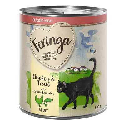 Boîte Feringa Classic Meat 800 g, Chicken & Trout with potato & parsley, ADULT. Illustration de chat noir et pictogrammes poulet, truite. Texte anglais visible sur l’étiquette.
