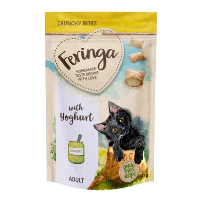 Feringa Crunchy Bites med yoghurt, spannmålsfritt recept, för vuxna katter. Förpackning visar svart katt och yoghurtglas. Vikt: 380 g.