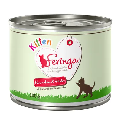 Feringa Kitten dåse 200 g, Kaninchen & Huhn, mit Kartoffel und Löwenzahn. Tekst: Mit viel Liebe wie hausgemacht! Illustration af kat og hjerte på etiketten.