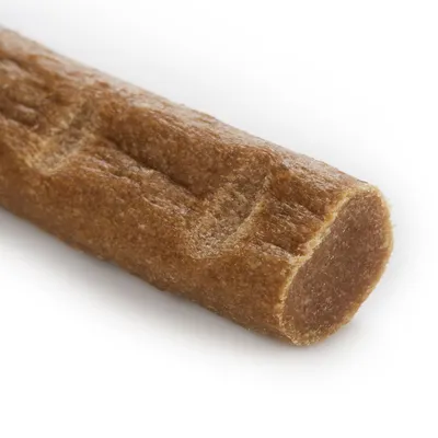 Närbild av ett brunt tuggben med strukturerad yta och rund snittyta.