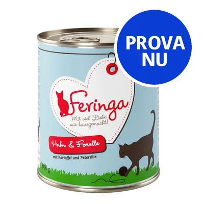 Feringa Huhn & Forelle, mit Kartoffel und Petersilie, 800 g. Blå cirkel med texten PROVA NU.