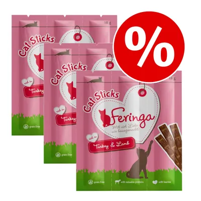 Feringa Cat Sticks, Turkey & Lamb, 18 g poser med teksten 'grain-free', 'with valuable proteins', 'with taurine' og stort procenttegn for tilbud.
