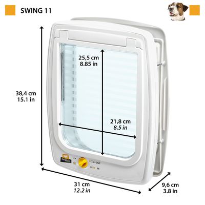 Ferplast Swing 11 kutyaajtó méretei: magasság 38,4 cm, szélesség 31 cm, mélység 9,6 cm. Átjárónyílás: magasság 25,5 cm, szélesség 21,8 cm. Látható In-Out kapcsoló.
