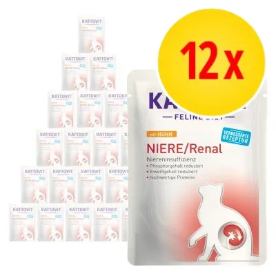 Kattovit Feline Diet NIERE/Renal med kyckling, 12-pack. Text på förpackning: Niereninsuffizienz, Phosphorgehalt reduziert, Eiweißgehalt reduziert, hochwertige Proteine.