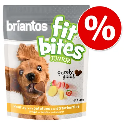 briantos fit bites JUNIOR Purely good. Poultry with potatoes and strawberries, 150 g – akciová ponuka s percentuálnym symbolom na obale