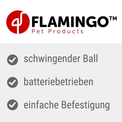 Flamingo Pet Products. Swinging ball, battery-operated, easy attachment.