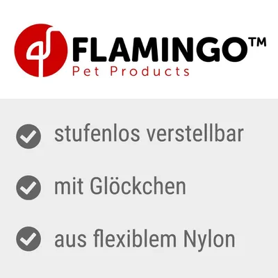 Flamingo Pet Products. Stufenlos verstellbar, mit Glöckchen, aus flexiblem Nylon.